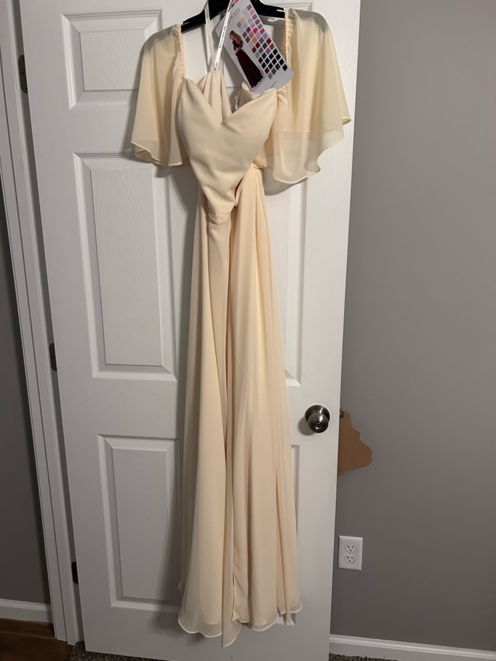 Mori Lee Butter Yellow Chiffon Maxi Dress with Flutter Sleeves